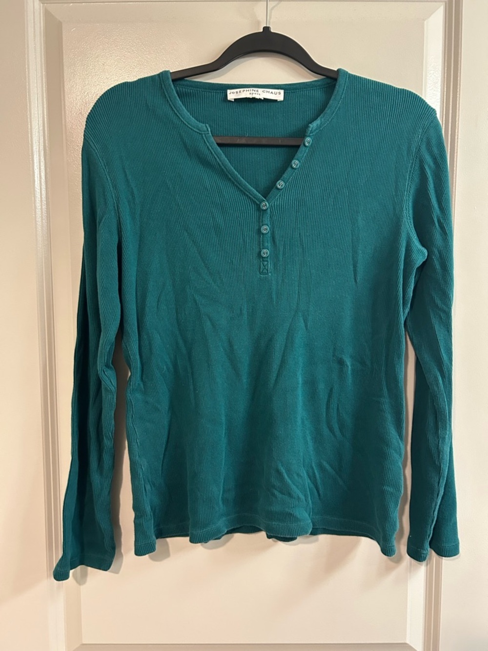 Josephine Chaus Teal Ribbed Henley Long Sleeve Top
